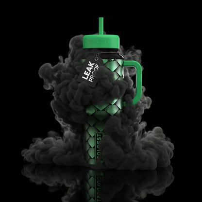 Green leak-proof water bottle with geometric pattern, smoke effect, and handle, ideal for trendy accessories and daily use.