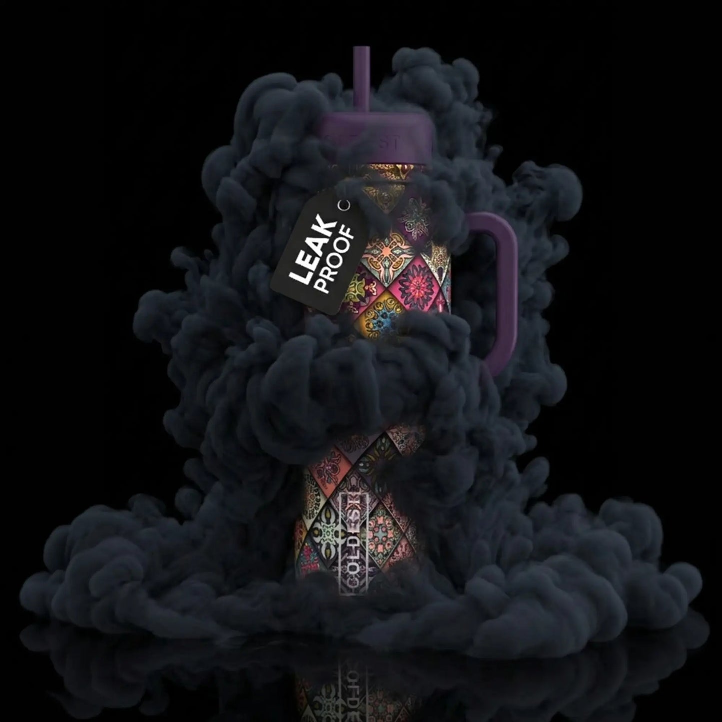 Leak-proof travel mug with vibrant mandala print, purple lid & handle, surrounded by dark smoke on black background