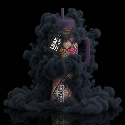 Leak-proof travel mug with vibrant mandala print, purple lid & handle, surrounded by dark smoke on black background