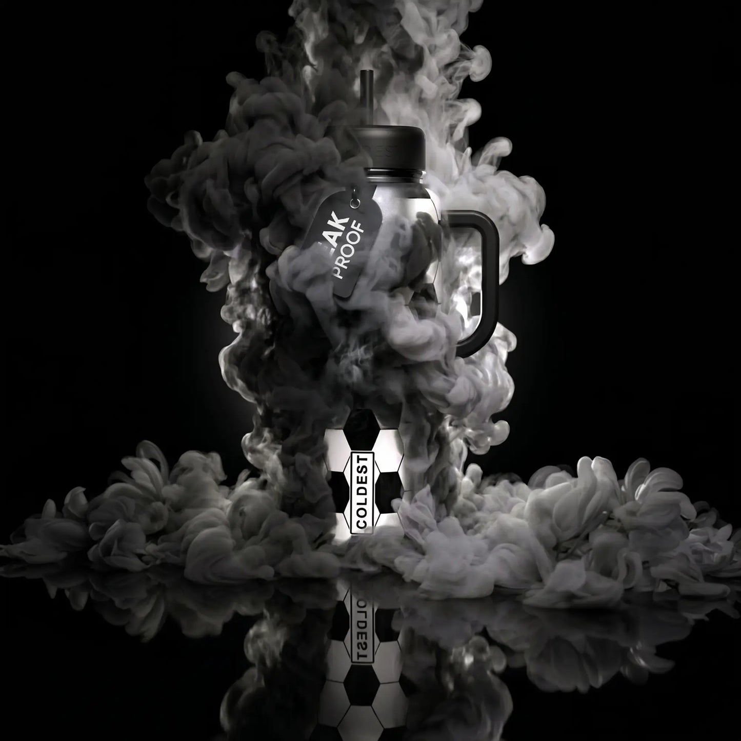 Leak-proof insulated tumbler with soccer ball design, smoke effect, black background