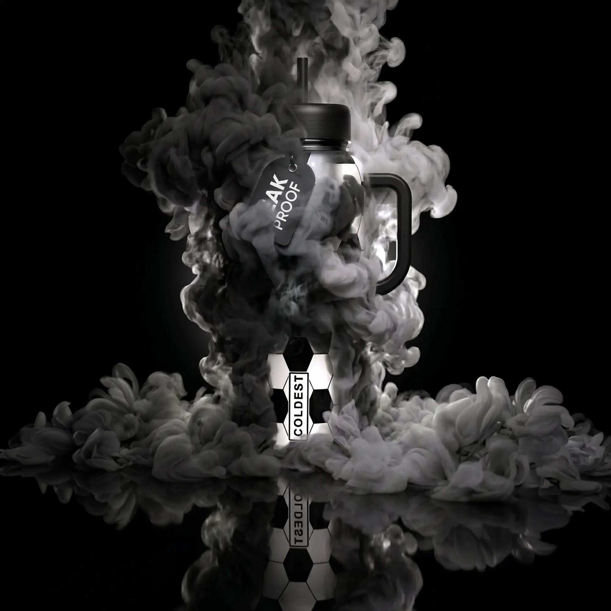 Leak-proof insulated tumbler with soccer ball design, smoke effect, black background