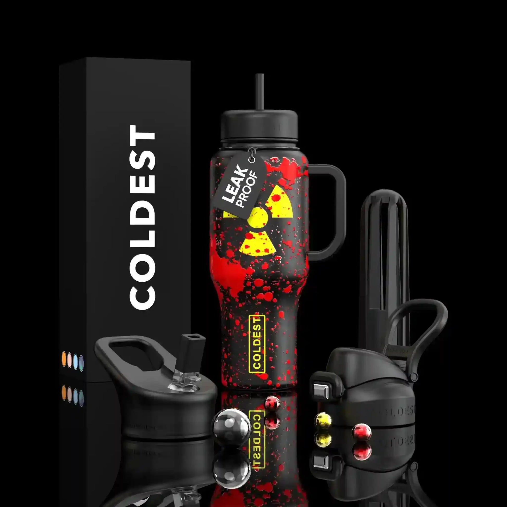 Coldest leak-proof water bottle with radioactive splatter design, black lid, straw, and carry handle