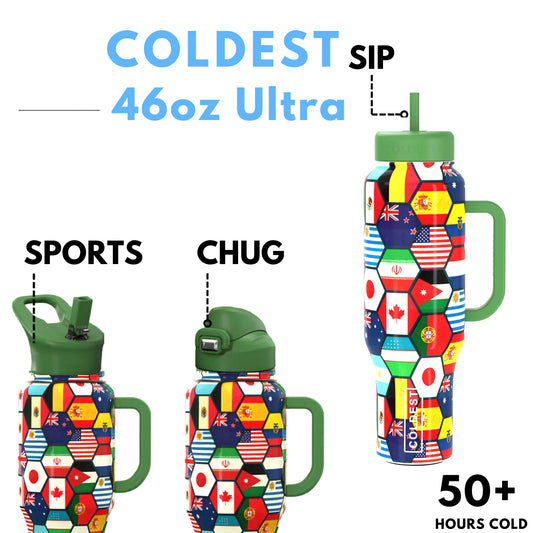 46oz ultra insulated tumbler with world flags design, green lid, handle, 50+ hours cold, sports chug sip