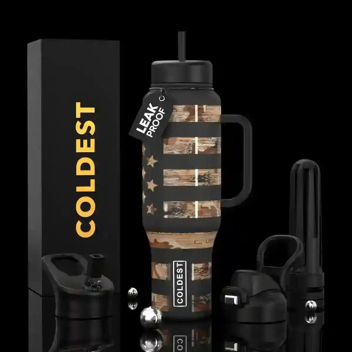 Leak-proof camouflage water bottle with handle, straw lid, and COLDEST branding, ideal for trendy, functional hydration.