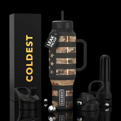 Leak-proof camouflage water bottle with handle, straw lid, and COLDEST branding, ideal for trendy, functional hydration.