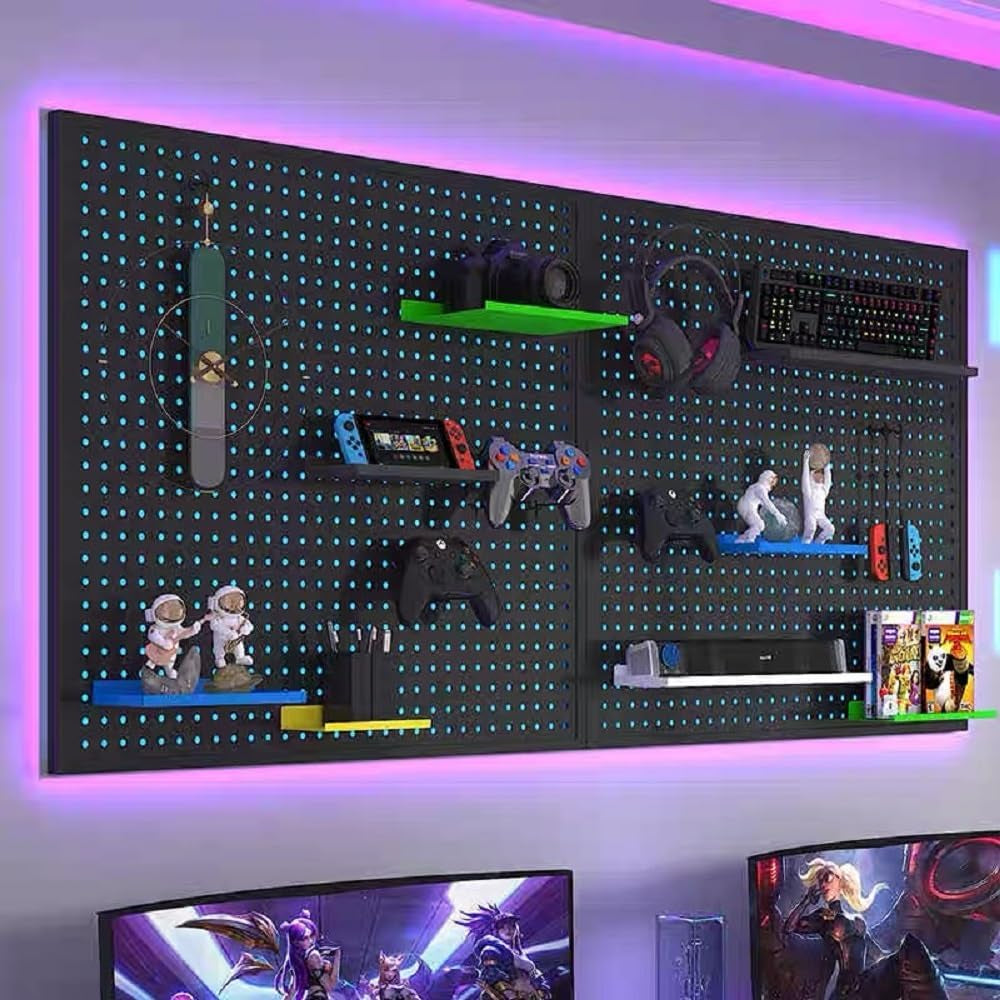 RGB Gaming Pegboard Wall Organizer with Metal Panels and Hooks, 12x24 Setup NSD Gaming Supply RGB Gaming Pegboard Wall Organizer with Metal Panels and Hooks, 12x24 Setup   Pixxel Core