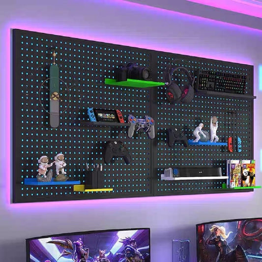 RGB Gaming Pegboard Wall Organizer with Metal Panels and Hooks, 12x24 Setup NSD Gaming Supply RGB Gaming Pegboard Wall Organizer with Metal Panels and Hooks, 12x24 Setup   Pixxel Core