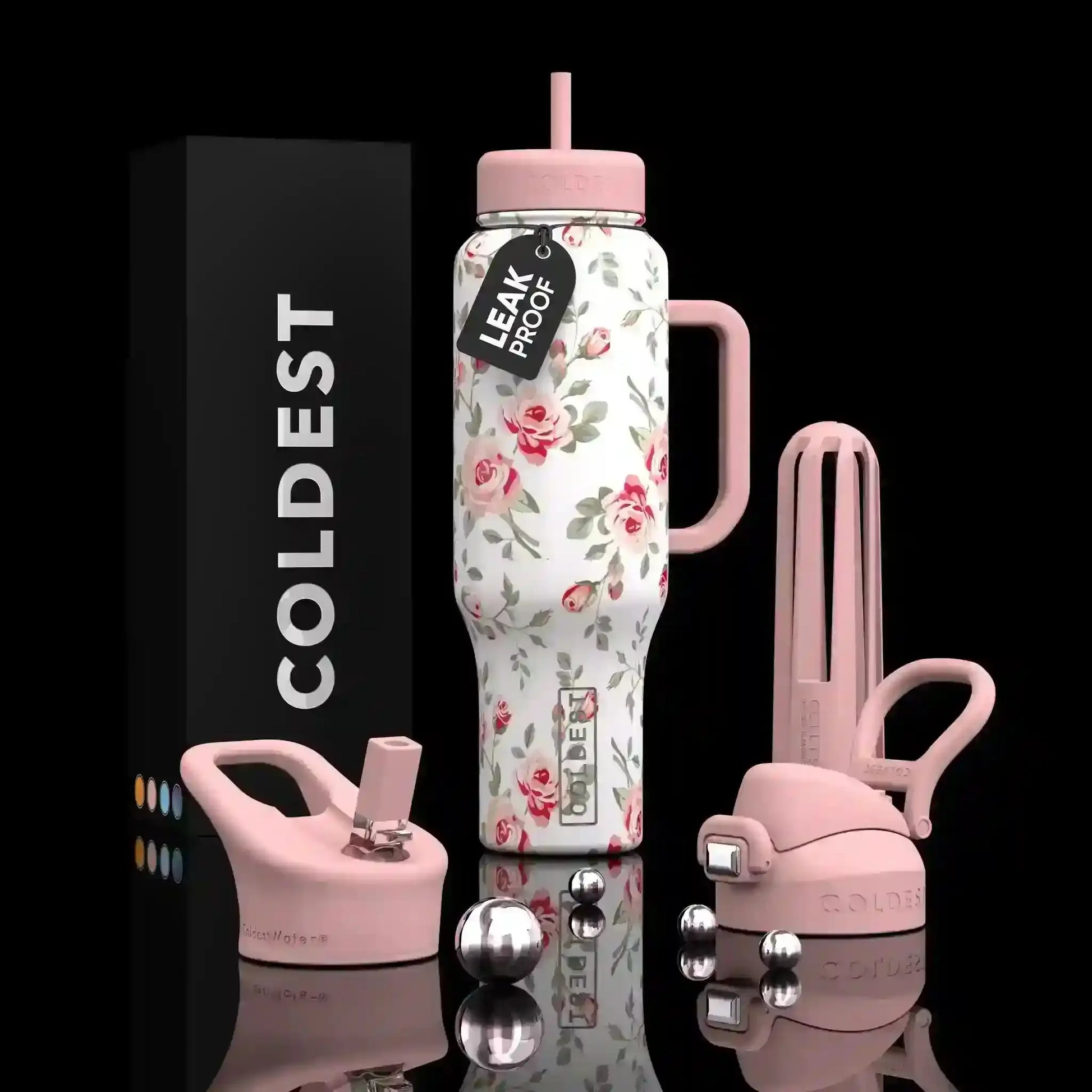 Pink floral leak-proof water bottle with handle & straw, COLDEST brand, trendy aesthetic accessory