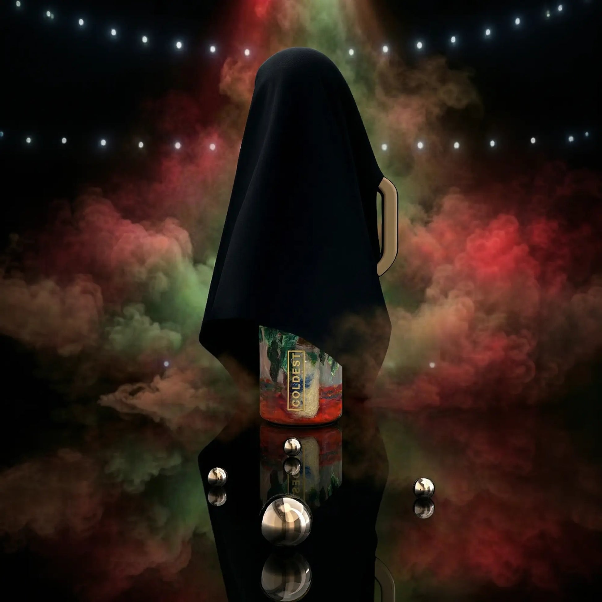 Mystery tech gadget under black cloth with 'COLDEST' label, colorful smoke, string lights, reflective surface