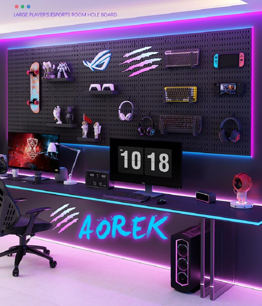 RGB Gaming Pegboard Wall Organizer with Metal Panels and Hooks, 12x24 Setup NSD Gaming Supply RGB Gaming Pegboard Wall Organizer with Metal Panels and Hooks, 12x24 Setup   Pixxel Core