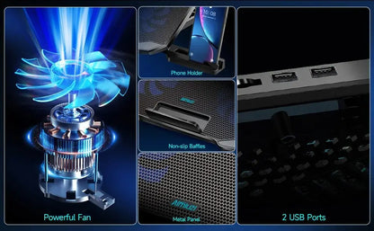 COOLCOOLD Laptop Cooling pad for 12 - 17 Inch Laptop Cooler Stand, 5 quiet fans, 5 Angle Adjustable with phone holder - Pixxel Core