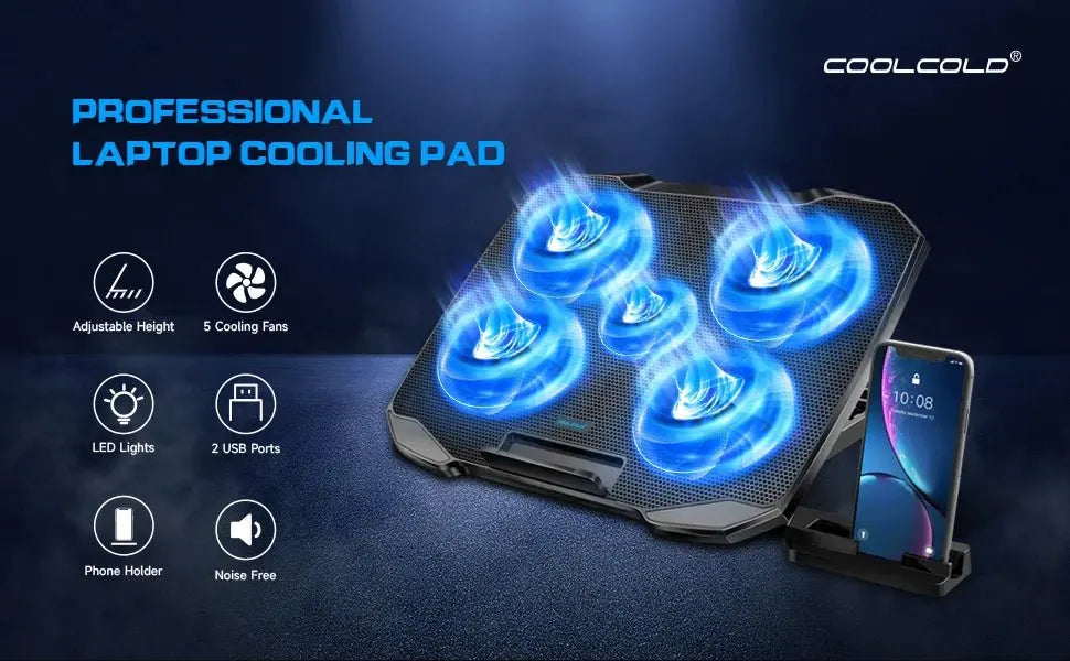 COOLCOOLD Laptop Cooling pad for 12 - 17 Inch Laptop Cooler Stand, 5 quiet fans, 5 Angle Adjustable with phone holder - Pixxel Core