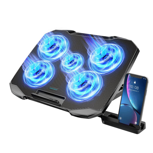 COOLCOOLD Laptop Cooling pad for 12 - 17 Inch Laptop Cooler Stand, 5 quiet fans, 5 Angle Adjustable with phone holder - Pixxel Core