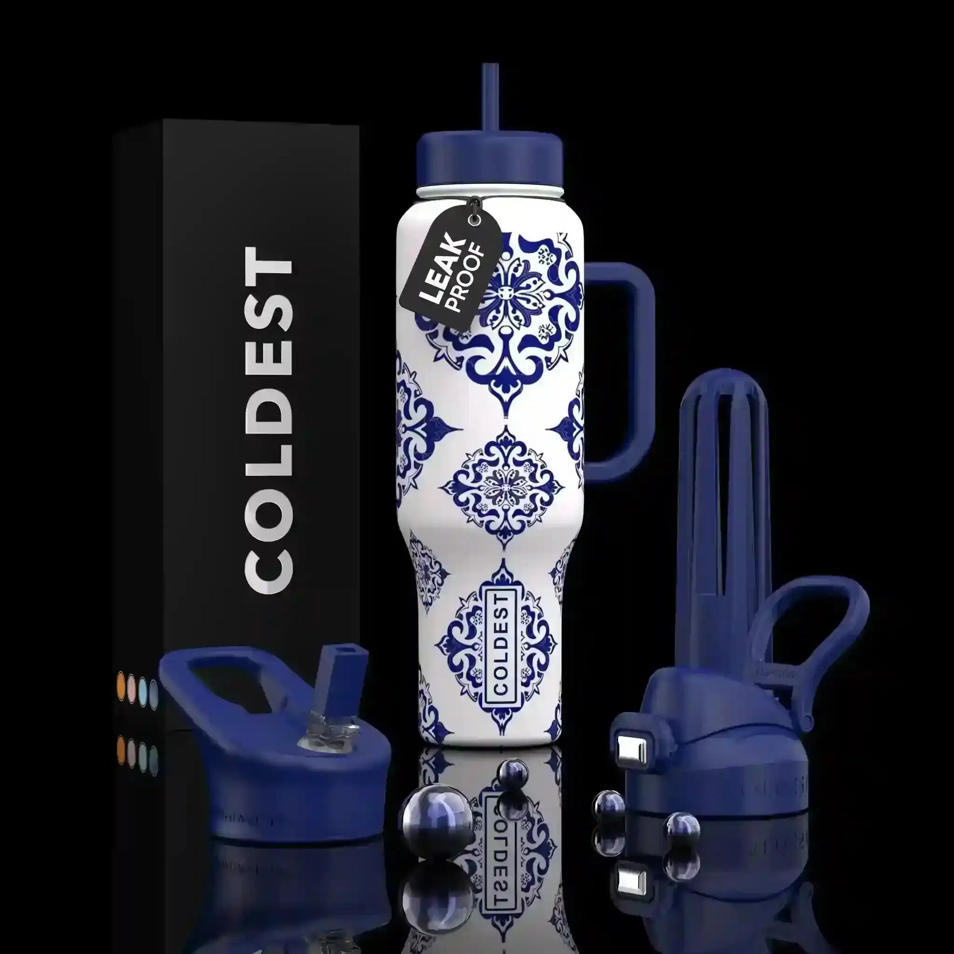 Leak-proof blue and white patterned water bottle with handle, straw lid, and COLDEST branding, ideal for trendy hydration.