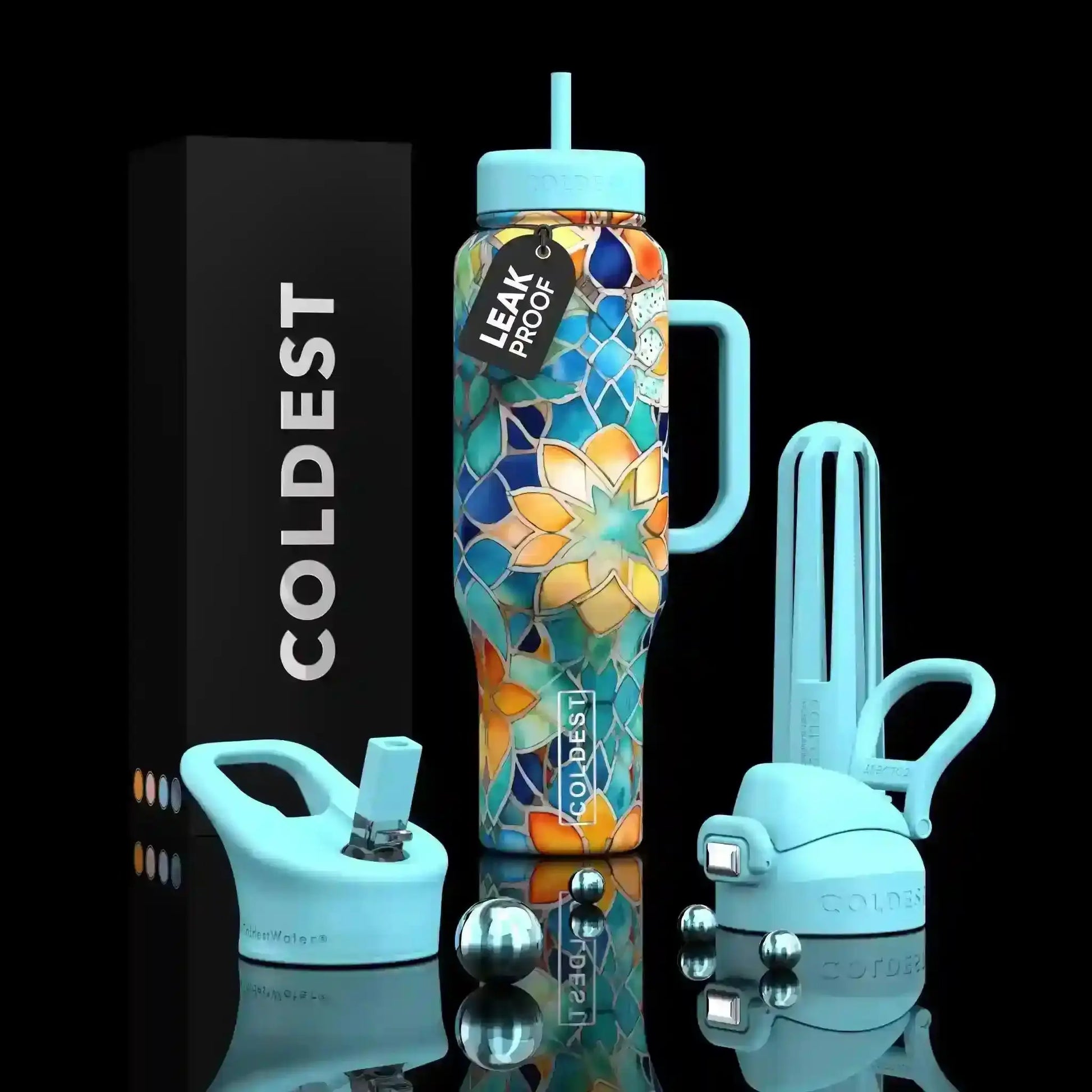 Leak-proof water bottle with floral mosaic design, light blue lid & handle, Coldest brand packaging