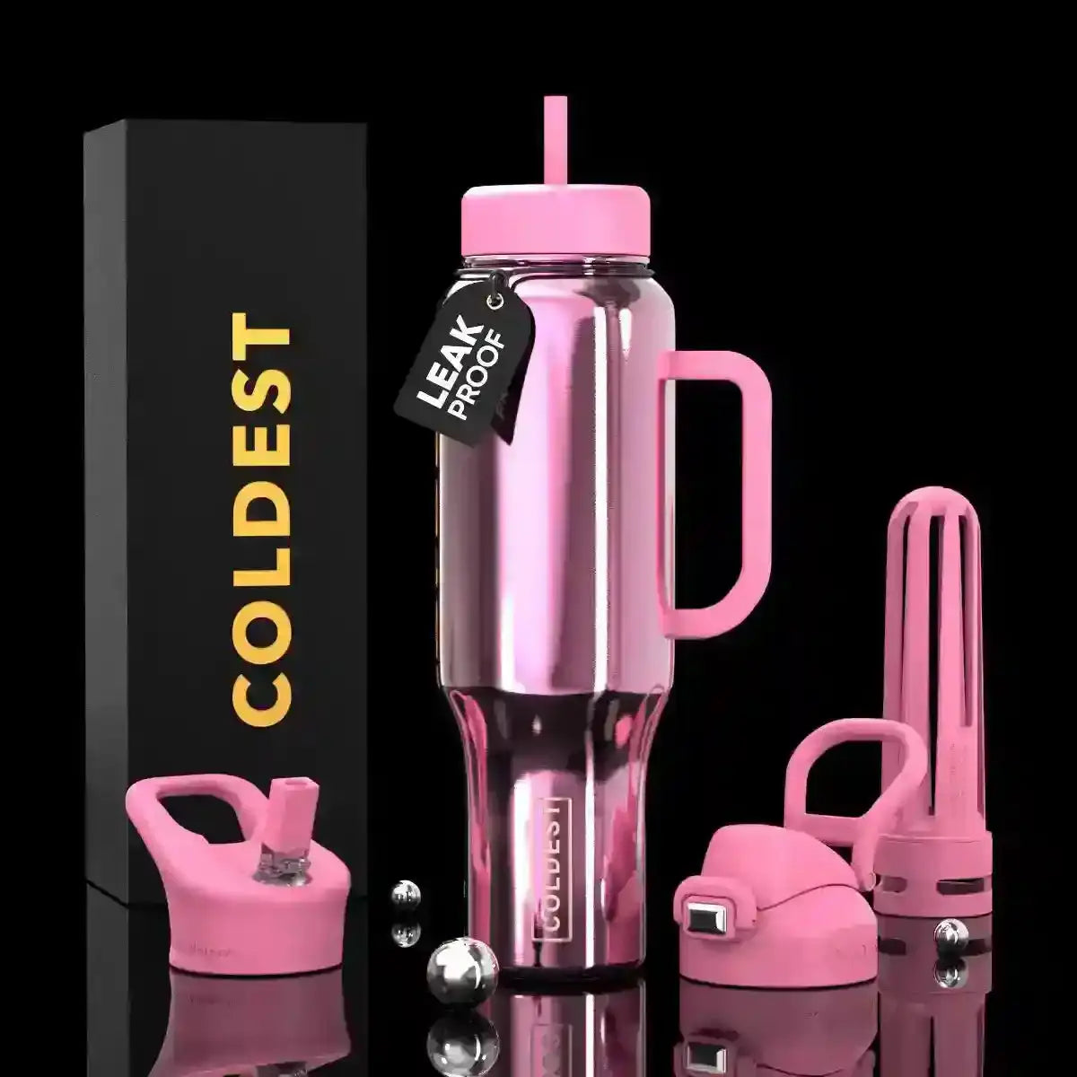Pink leak-proof water bottle with handle, straw lid, and extra caps, next to COLDEST box