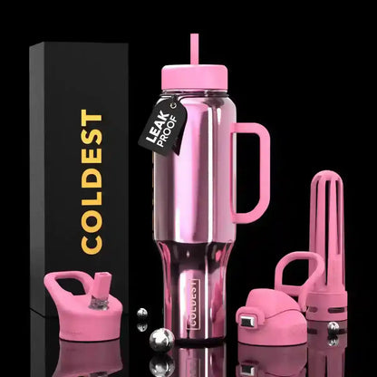 Pink leak-proof water bottle with handle, straw lid, and extra caps, next to COLDEST box