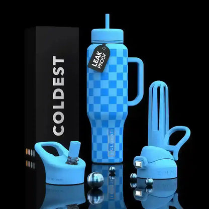 Blue checkered leak-proof water bottle with handle, straw lid, and COLDEST packaging, trendy e-girl aesthetic