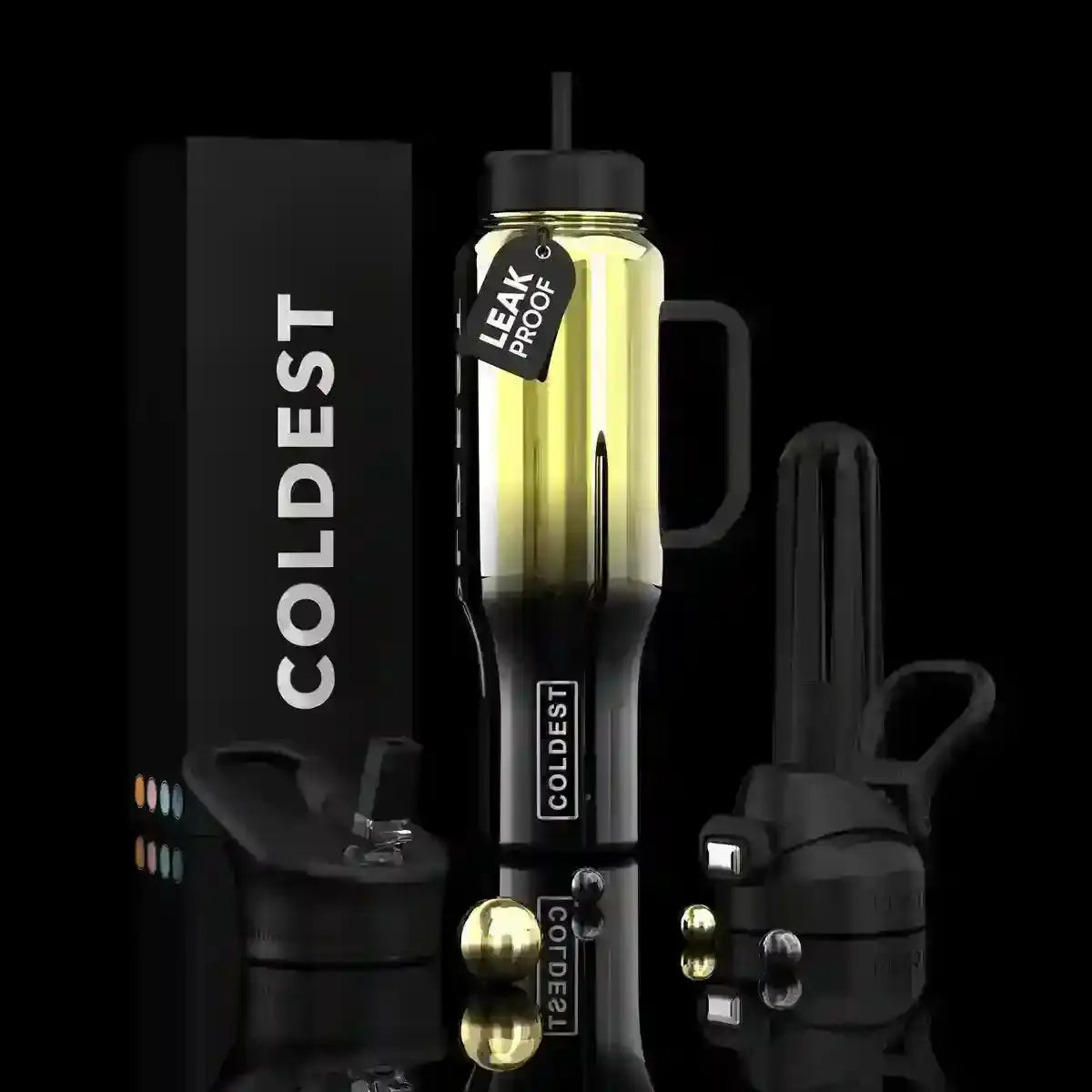Coldest leak-proof water bottle with golden glow, sleek black design, and portable accessories for trendy hydration