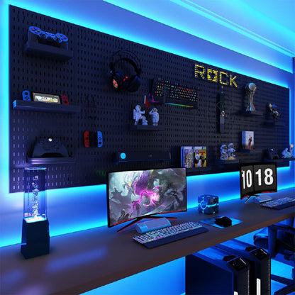 RGB Gaming Pegboard Wall Organizer with Metal Panels and Hooks, 12x24 Setup NSD Gaming Supply RGB Gaming Pegboard Wall Organizer with Metal Panels and Hooks, 12x24 Setup   Pixxel Core