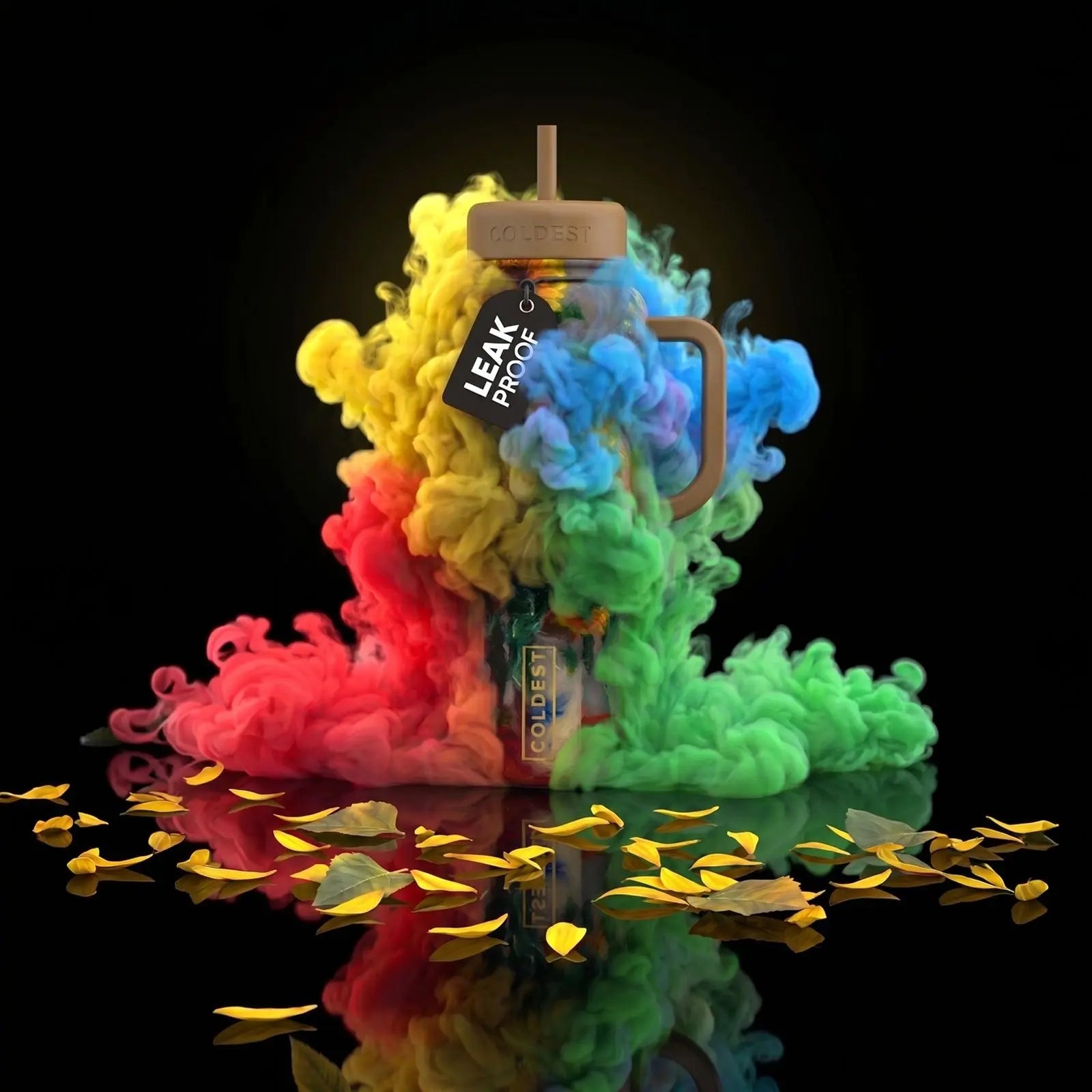 Leak-proof Coldest tumbler with vibrant rainbow smoke, autumn leaves, and reflective surface
